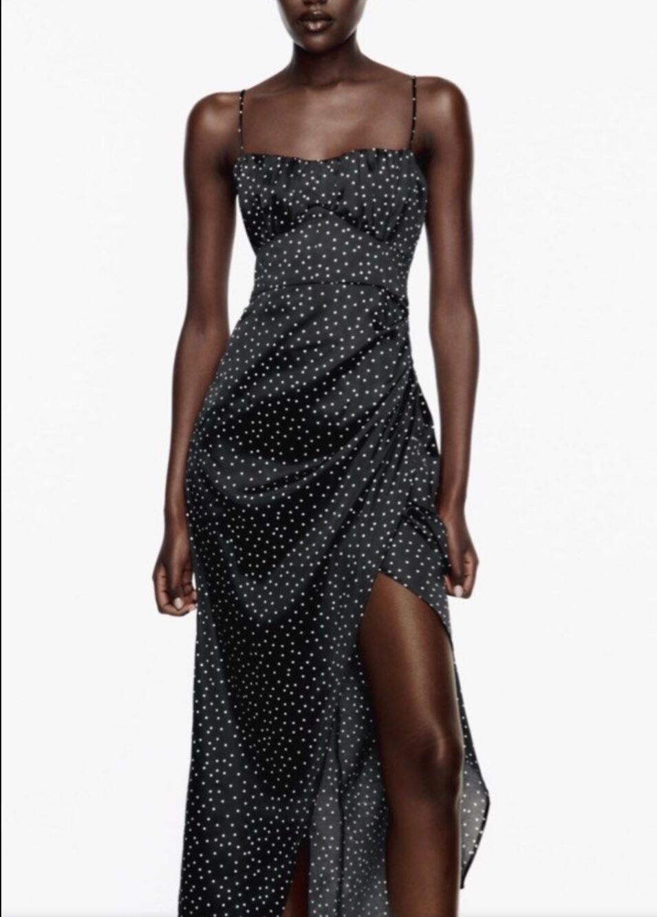 NWT Zara Black Polka Dot Satin Corset Midi Slip Dress Thigh Slit Size Large